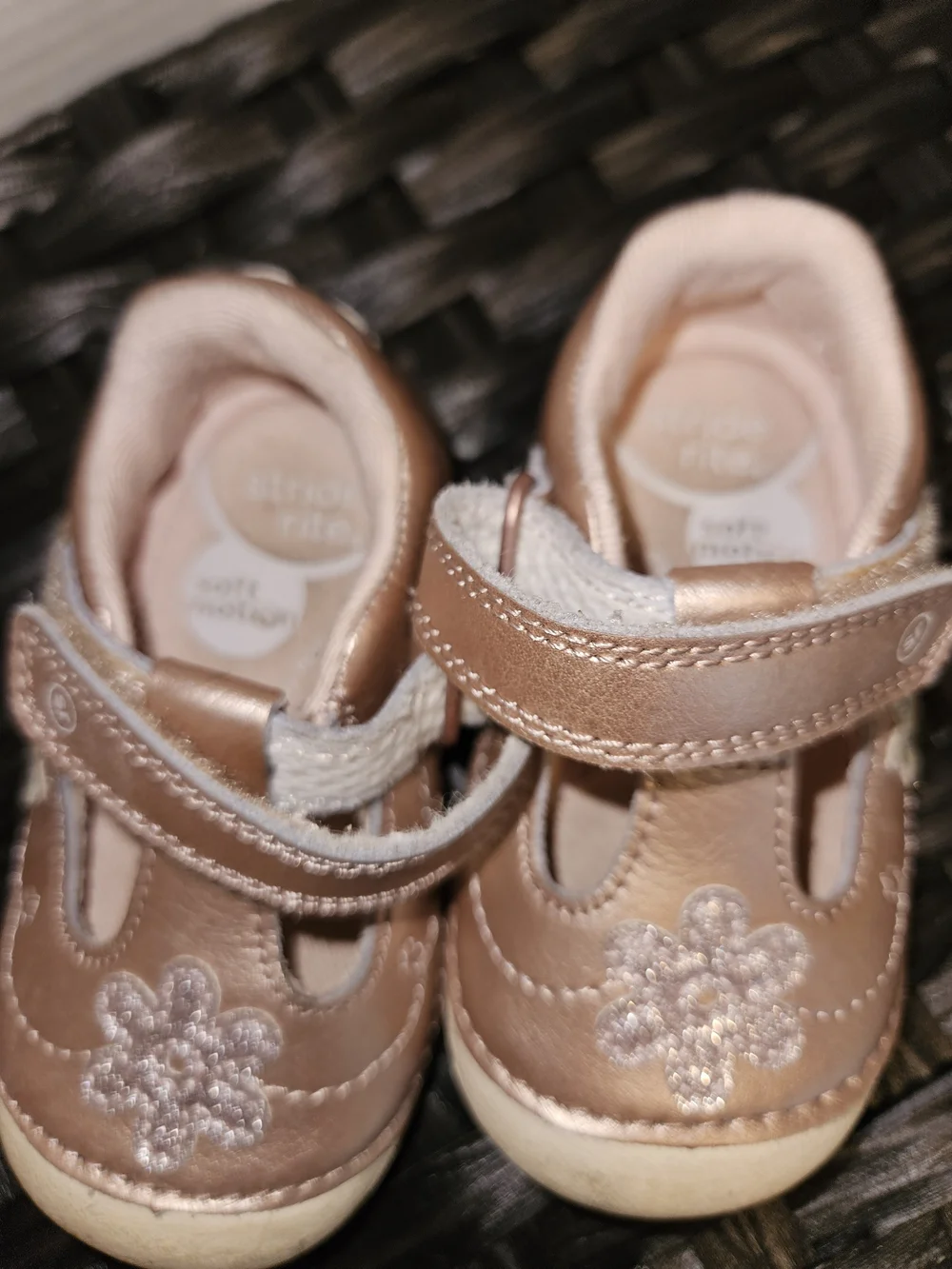 Stride Rite Metallic Rose Gold T-Strap Baby Shoes with Floral Applique
